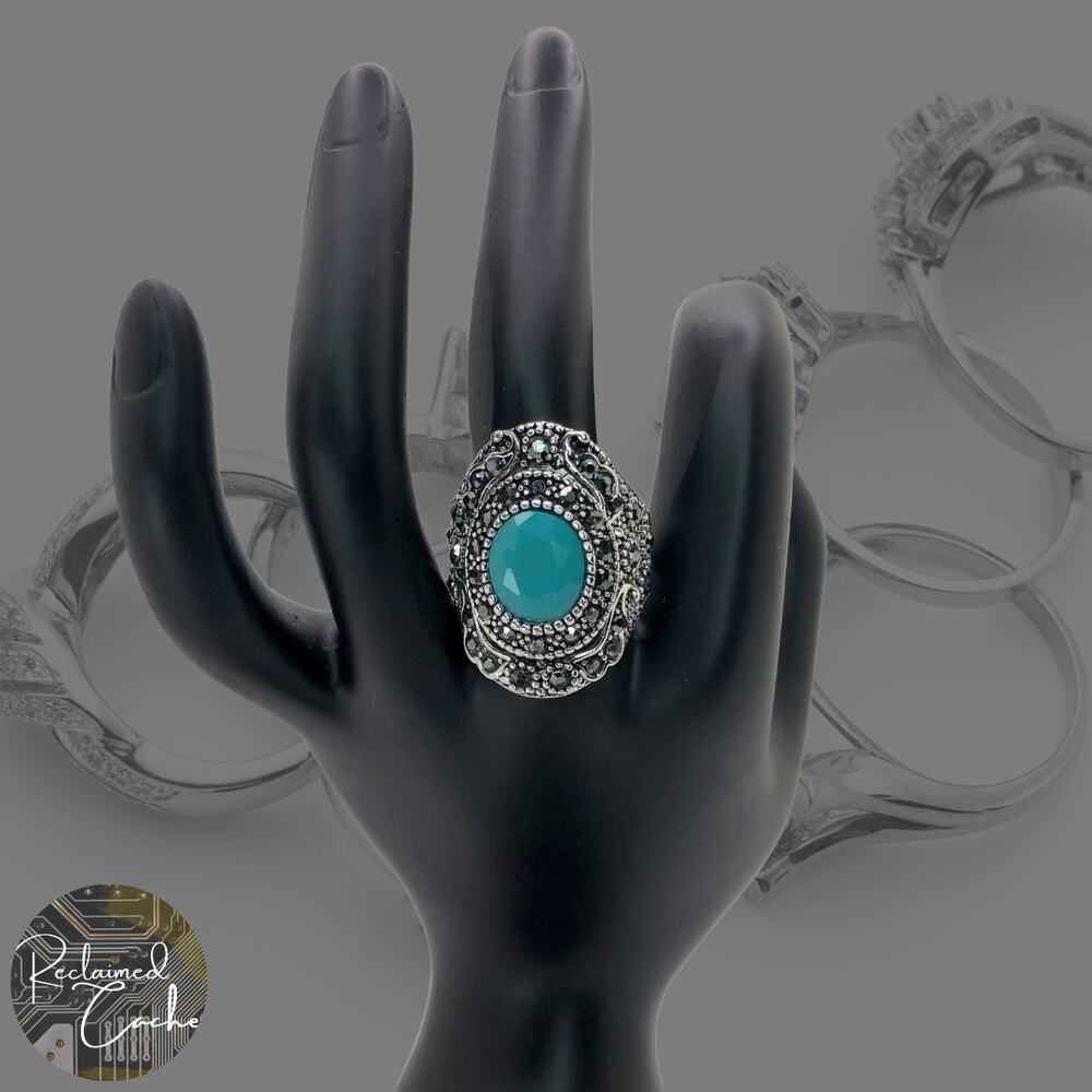 Silver and Light Blue Rhinestone Statement Ring - Size 9
